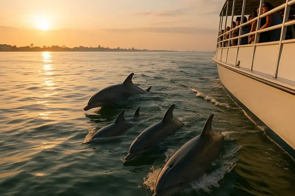 Dolphins surfacing in calm morning water near Treasure Island