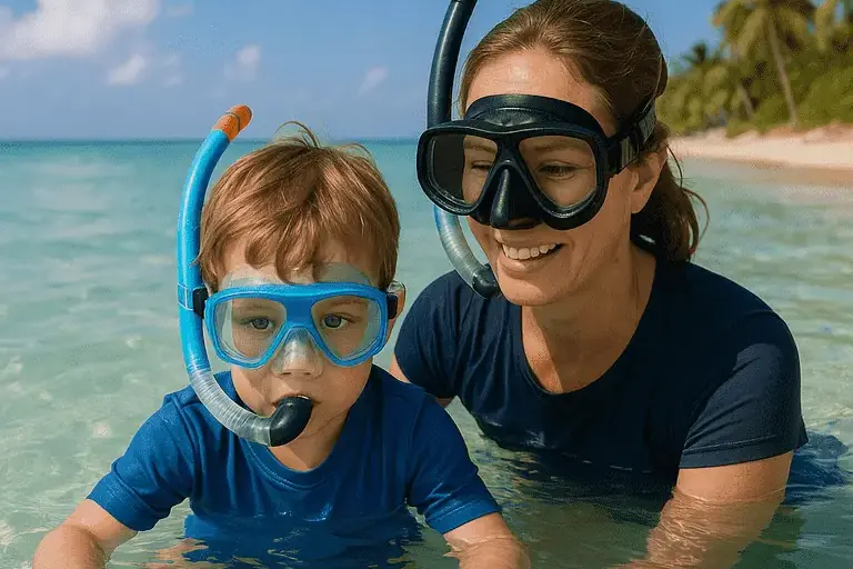 Child wearing a snorkel mask in calm shallow water near Treasure Island