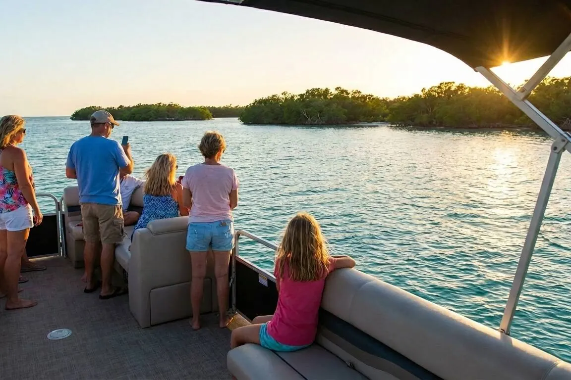 Kids pointing at dolphins beside a boat near Treasure Island