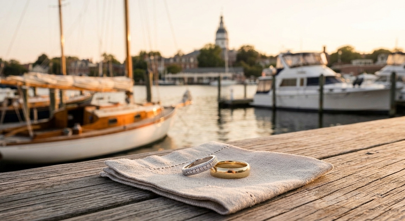 Elegant wedding bands displayed on a velvet cushion in an Annapolis jewelry store