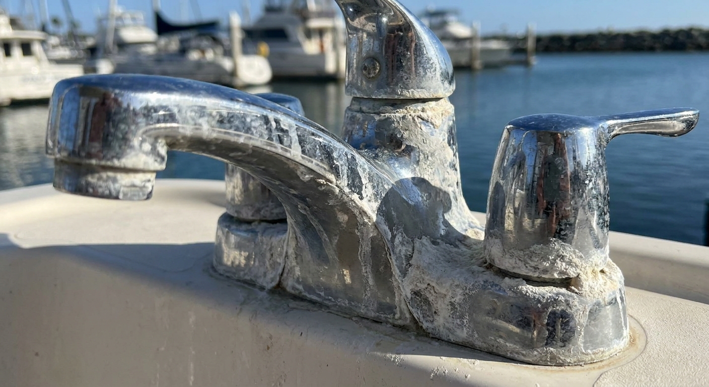 White mineral buildup on boat fixtures caused by hard water and saltwater evaporation
